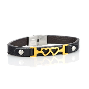 Bracciale Unisex in Vera Pelle di Moda con Ciondolo a Doppio Cuore in Acciaio Inossidabile Braccialetto di Coppia Placcato Oro Argento