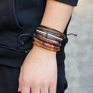 Five-piece multi-layer leather and wooden bead braided bracelet set for a retro ethnic look