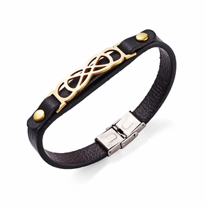 Black leather infinity bracelet with gold-tone hardware and stainless steel clasp