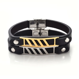 Bracciale multistrato in pelle da uomo con accenti geometrici in acciaio inossidabile