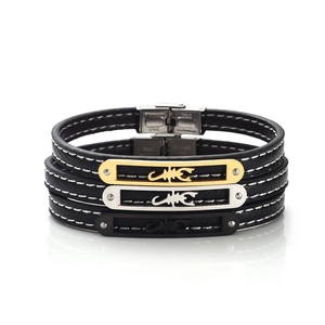 Three leather bracelets with stainless steel scorpion charms in gold, silver and black colors