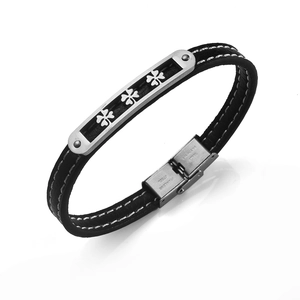 Vintage Genuine Leather Bracelet For Unisex Hollow Four Leaf Clover Stainless Steel Plate Black Strap Wrist Jewelry
