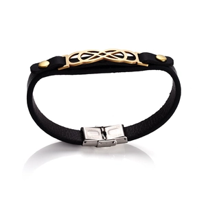 Detail view of the infinity symbol on black leather bracelet with stainless steel clasp