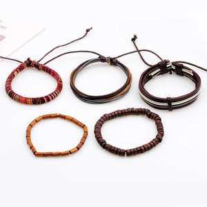 5-piece set of leather woven bracelets with wood beads and ethnic braided cords