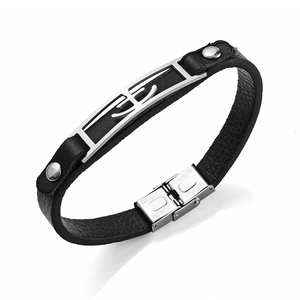 Bracelet pour homme en cuir noir avec plaque en acier inoxydable argenté et ancre