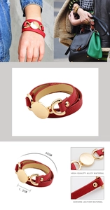 Detail of red multilayer leather wrap bracelet showing gold metal discs and dimensions