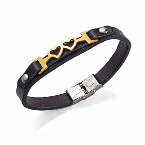 Classico bracciale in pelle nera con ciondolo a doppio cuore in acciaio inox dorato