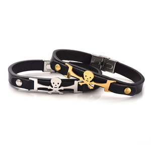 Classic leather skull bracelets in gold and silver finish with stainless steel clasp