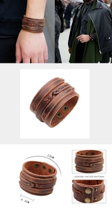 Détails d'un bracelet manchette en cuir marron vintage avec mesures de taille
