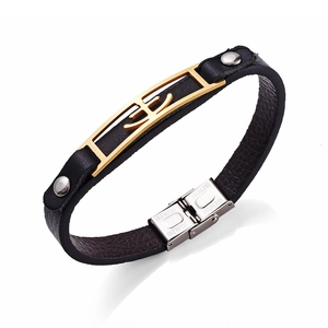 Bracelet classique en cuir noir pour homme avec ancre en acier inoxydable doré