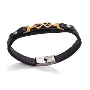 Bracciale classico in pelle nera con doppio cuore dorato e chiusura in acciaio inox