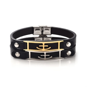 Bracelet classique en cuir à double rang avec ancre en acier inoxydable doré