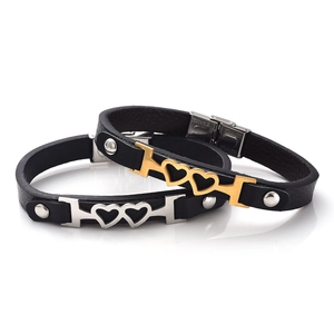 Bracciali classici di coppia in pelle con cuori intrecciati in acciaio inossidabile oro e argento