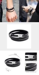 Classic multilayer black leather wrap bracelet with silver magnetic clasp and dimensions