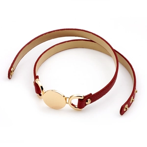 Red multi-wrap leather bracelet with gold metal discs and snap button closure
