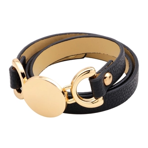 Double-wrap black PU leather bracelet with polished gold metal round plate accent