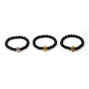 Three beaded Spartan helmet stretch bracelets in matte black finish with metal charms