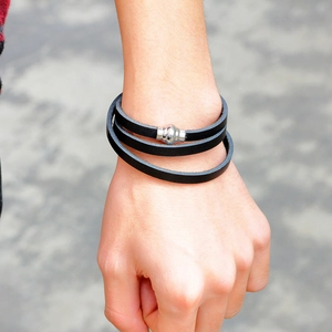 Men Retro Multi-layer Leather Wrap Bracelet With Magnetic Alloy Buckle Braided Geometric Hand Jewelry Gift For Casual Daily