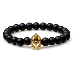 Men's Spartan helmet beaded bracelet with matte black natural stones on elastic cord