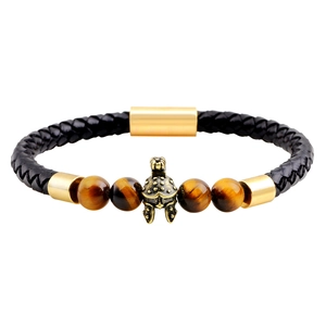 Herren Lederarmband mit Tigeraugenperlen und Spartanischer Helm Anhänger