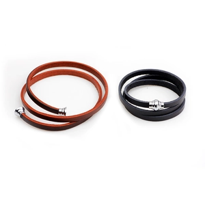 Classic double-wrap leather bracelet for men featuring a magnetic silver clasp in black and brown