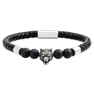 Bracelet Tressé en Cuir Véritable Vintage pour Hommes Pierre Oeil de Tigre Tête de Loup Lion Cuivre Zirconia Incrusté Punk Magnétique