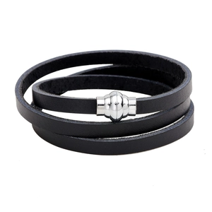 Classic multilayer black leather wrap bracelet for men with polished silver magnetic clasp