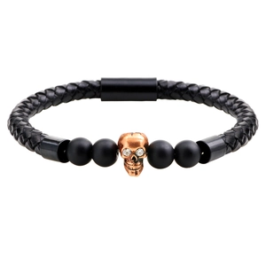 Men Punk Leather Beaded Bracelet Vintage Skull Head Agate Tiger Eye Stone Copper Zirconia Inlaid Handmade Fashion Jewelry