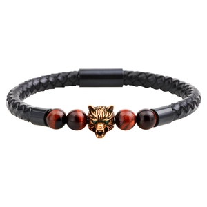 Bracelet en cuir artisanal avec tête de loup en bronze et pierres œil de tigre rouge