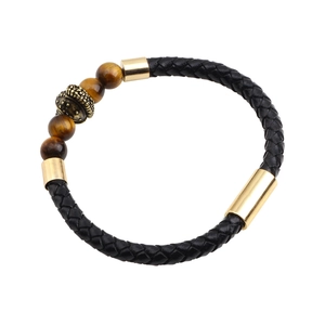 Herren Armband aus schwarzem Leder mit goldenem Römerhelm und Tigerauge-Perlen