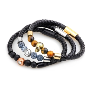 Men's leather bracelet set with tiger eye beads and metal skull charms, magnetic clasp