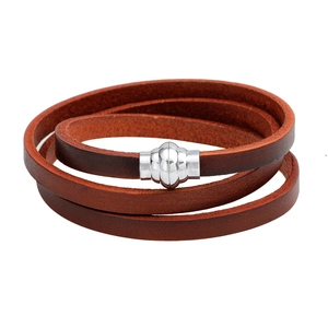 Classic multi-layer brown leather wrap bracelet for men with silver magnetic clasp