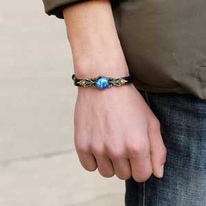 Bracelet en Cuir Signes du Zodiaque Vintage pour Hommes Femmes Rétro Alliage Verre Cabochon Charme Bleu Foncé Bracelet Réglable Bijoux