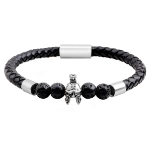 Herren Lederarmband geflochten mit Lavastein-Perlen und silbernem Spartan-Helm Anhänger