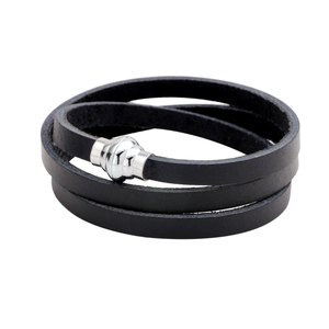 Classic multi-layer black genuine leather wrap bracelet with silver magnetic metal clasp