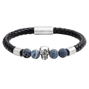 Men's punk skull bracelet with black braided leather and blue natural tiger eye stones