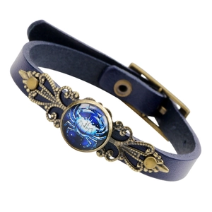 Bracelet rétro en cuir bleu foncé avec breloque zodiaque Cancer en bronze pour femmes et hommes