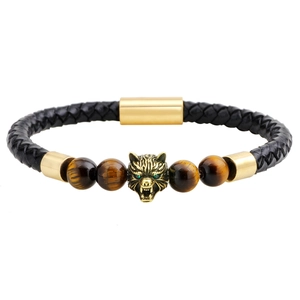 Bracelet pour homme en cuir tressé noir avec tête de loup dorée et œil de tigre