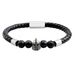 Bracciale da uomo con elmo spartano in pelle intrecciata nera e perline in pietra lavica