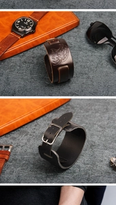 Close-up detail of vintage leather eagle bracelet for men with embossed eagle head motif