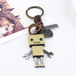 Porte-clés Robot Industriel Rétro Pendentif Mécanique en Alliage de Bronze Vintage Anneau en Cuir Véritable pour Sac de Voiture
