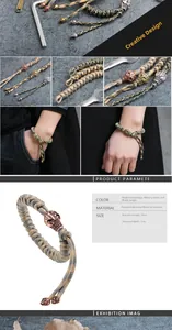 Close-up of paracord bracelet with bronze skull charm in various camo colors and detailed sizing