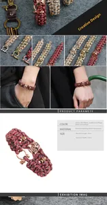 Detailed view of paracord bracelets with skull charms and metal shackles in three colors