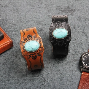 Vintage Men Wide Genuine Leather Cuff Bracelet With Turquoise Inlay Embossed Sun Totem Pattern Retro Ethnic Jewelry Gift