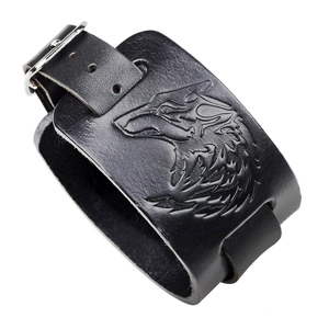 Punk Rock Wide Genuine Leather Wristband With Embossed Wolf Head Design Adjustable Cowhide Leather Cuff Bracelet For Men Women