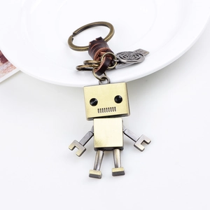 Porte-clés robot rétro avec cuir marron de qualité et anneau en bronze vieilli
