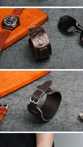 Détail d'un bracelet en cuir véritable avec symbole religieux Om embossé et boucle en métal
