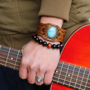 Vintage brown leather cuff bracelet with turquoise and beaded natural stone bracelets