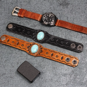 Bohemian wide genuine leather bracelets with turquoise stones in black and brown colors