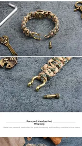 Λεπτομέρεια από βραχιόλι paracord με χάλκινη χάντρα ασπίδα και αγκράφα σε πέτρα